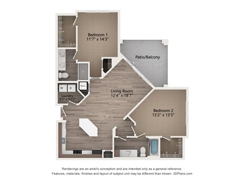 Floor plan for 2 beds, 2 baths, 1188 sqft